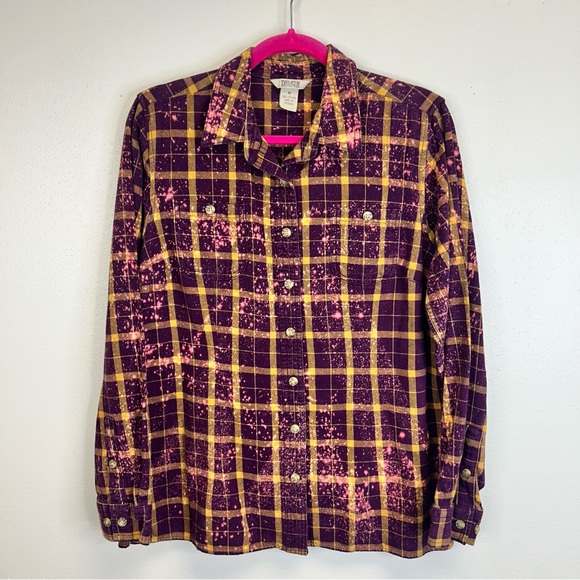 Peace Sign Boho Hippie Purple Yellow Festival Flannel Casual Womens M Upcycled - Picture 8 of 13